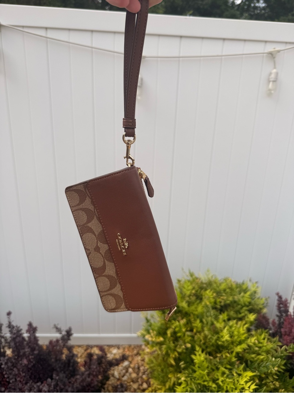 Coach New York Signature C’s Brown Wristlet with Gold Hardware